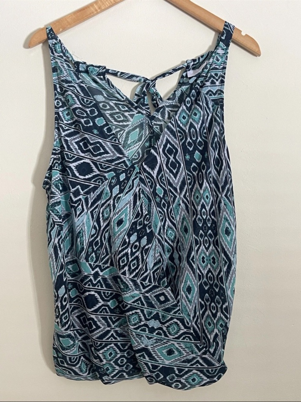 New York & Company Navy and Teal Geometric Tie-Back Tank